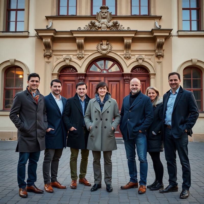 Skupinový portrét šestičlenného řemeslného týmu před barokní budovou v Olomouci