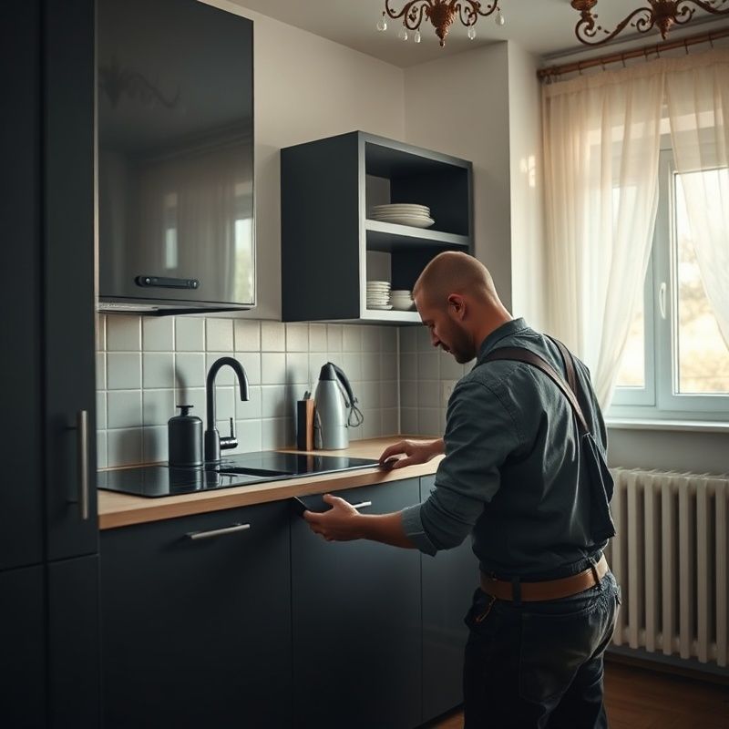 Řemeslník instaluje kuchyňskou linku v moderním bytě